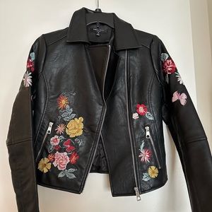 Romeo & Juliet Couture Black Leather Jacket with Embroidered Flowers